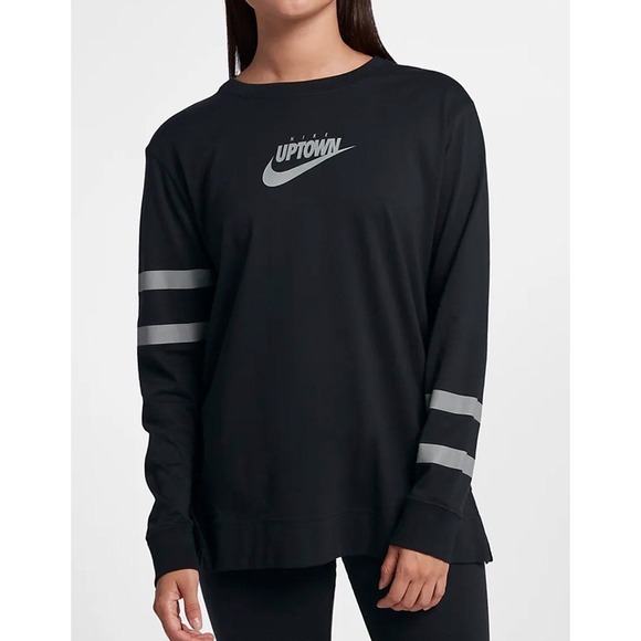 Nike Shirt Women Small Black Uptown Center ROX Swoosh Red Rose Long Sleeve Tee - Picture 1 of 10